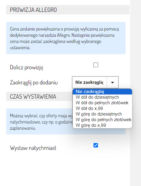 Zaokrąglenia ceny końcowej po doliczeniu prowizji w Sellasist