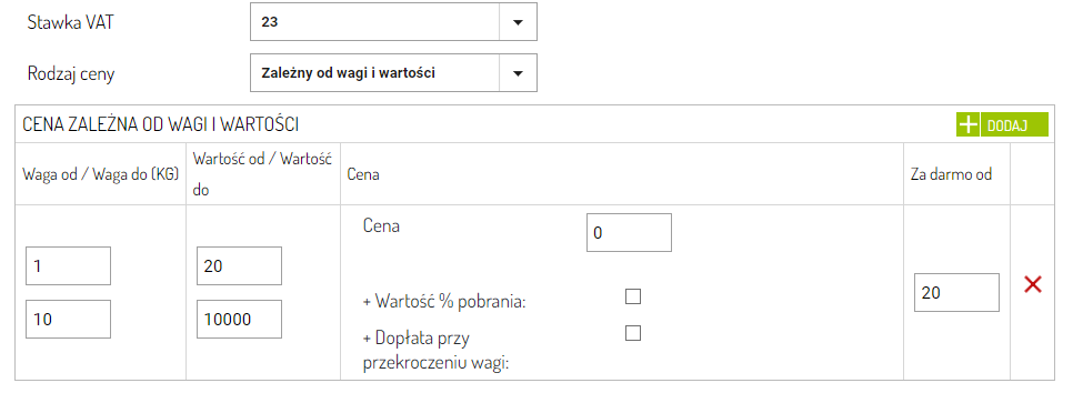 Inną metodą na ustawienie darmowej wysyłki jest powiązanie wartości i wagi. Sellasist.pl