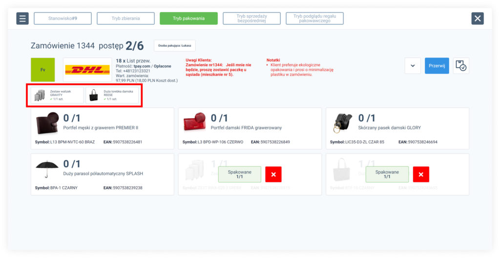Wygląd produktów na liście do spakowania