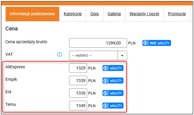 Uzupełnij wartości na produktach