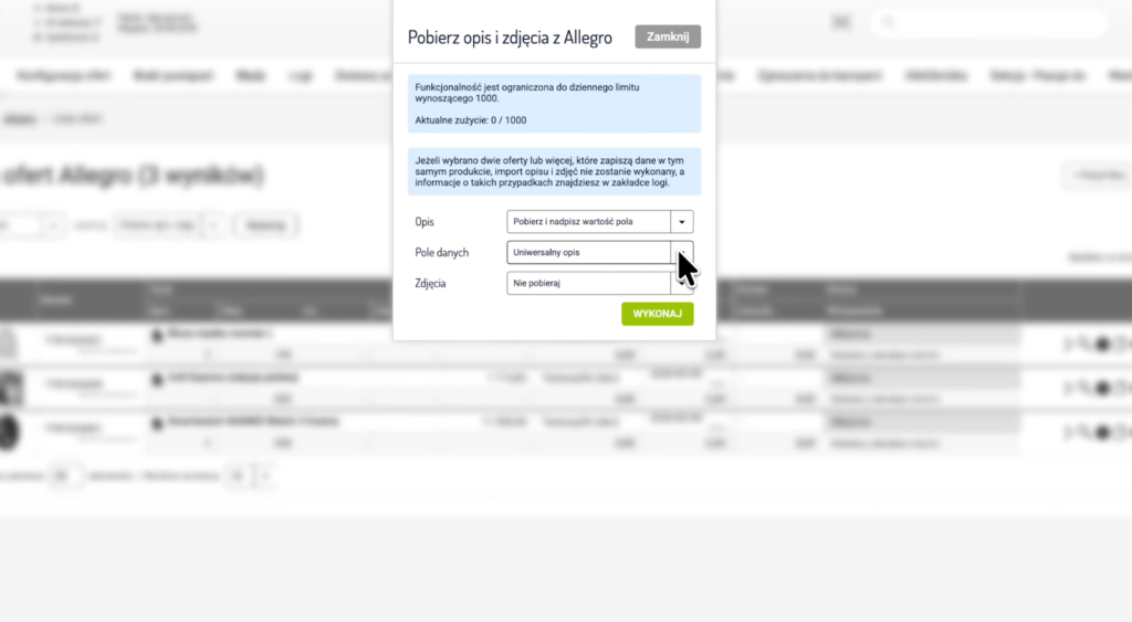 Ustawienia importu opisów z Allegro