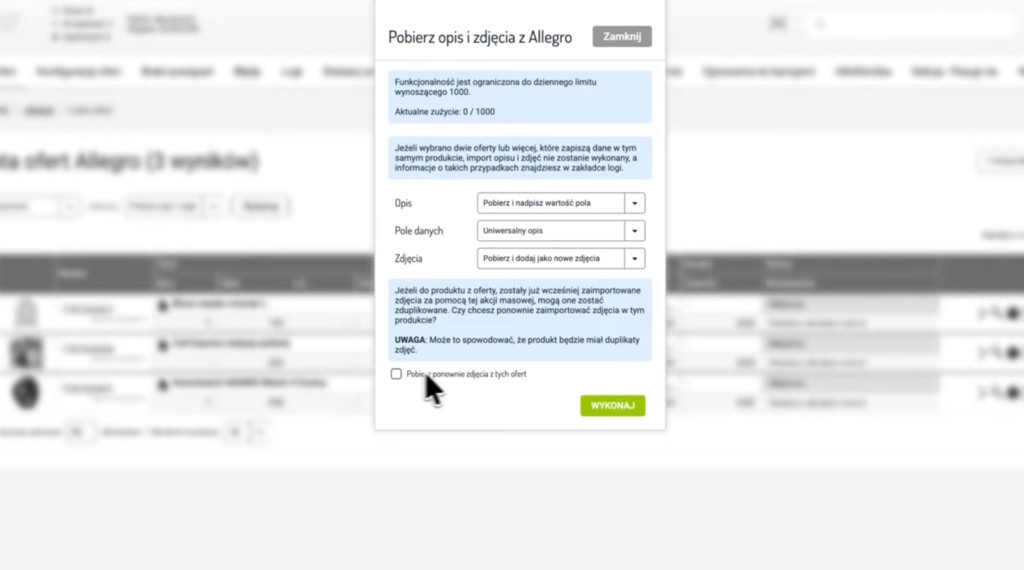 Ustawienia importu zdjęć z Allegro