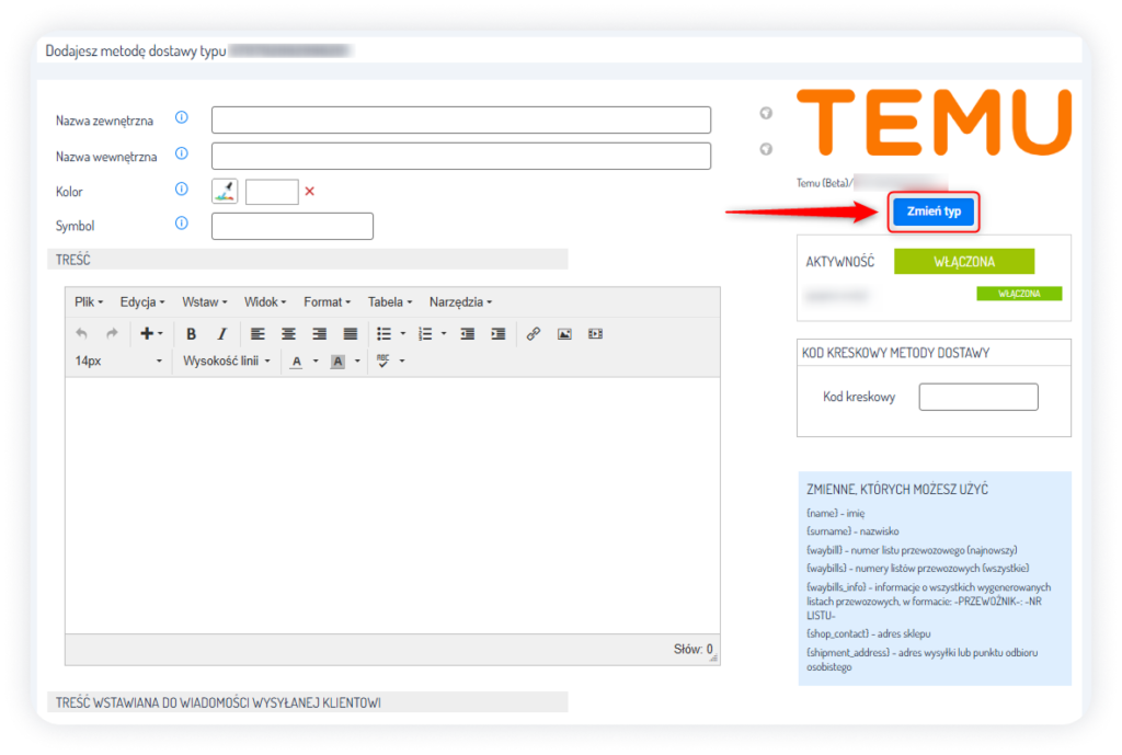 Krok 4: Dodaj metodę dostawy TEMU