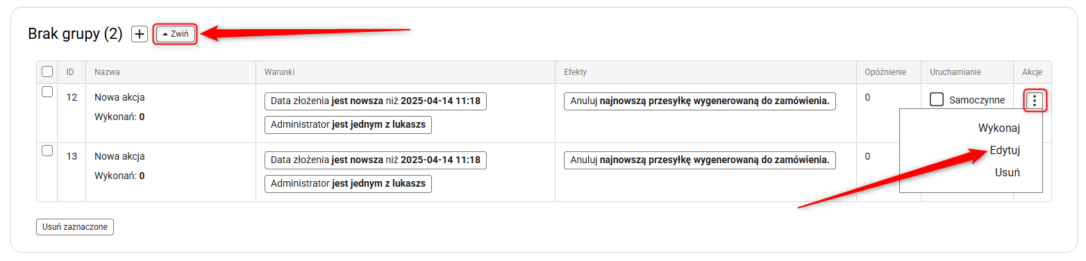 Przypisz akcje do grupy