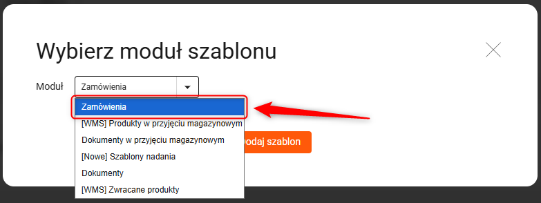 Z rozwijanej listy wybierz opcję Zamówienia.